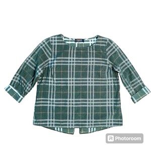 Reneec. Women's Green Plaid Corduroy Top Blouse Split Back Hem 3/4 Sleeve Size L